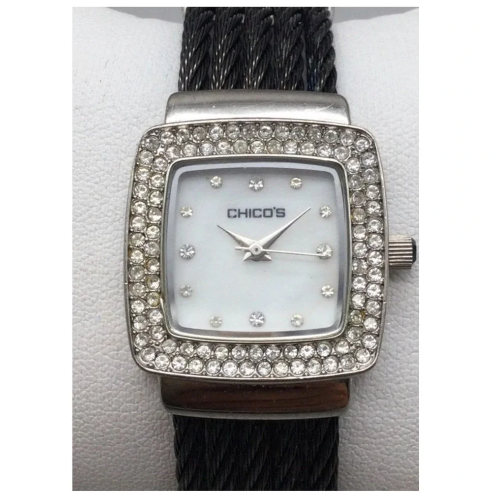 Chicos Square Crystal Accented Watch Black Cable Band Mother of Pearl Dial‎